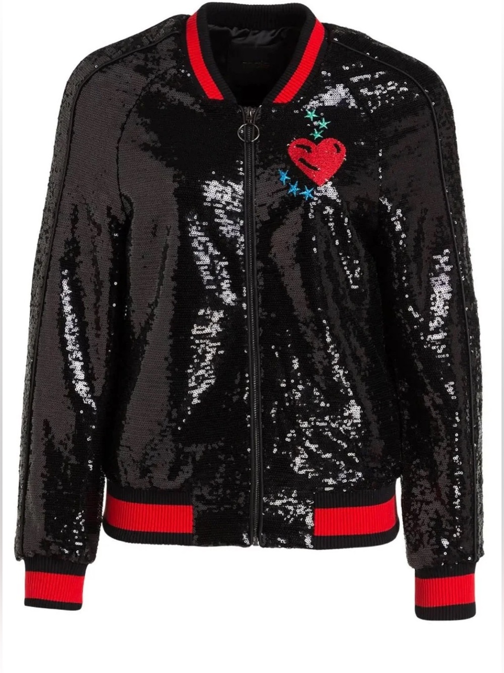 Anthropologie Maje Sequin Black Red Embroidered Bomber Moto Jacket - Picture 4 of 5